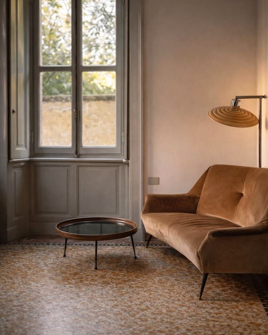 Lo studio di Stella Gelli in zona Sant'Ambrogio a Milano: poltrona in velluto color cammello accanto a una grande finestra classica